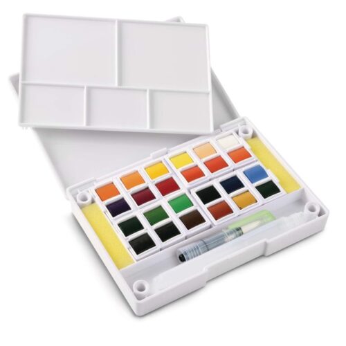 Boite aquarelle en plastique giorgione 24 couleurs + Pinceau rond + Pinceau réservoire